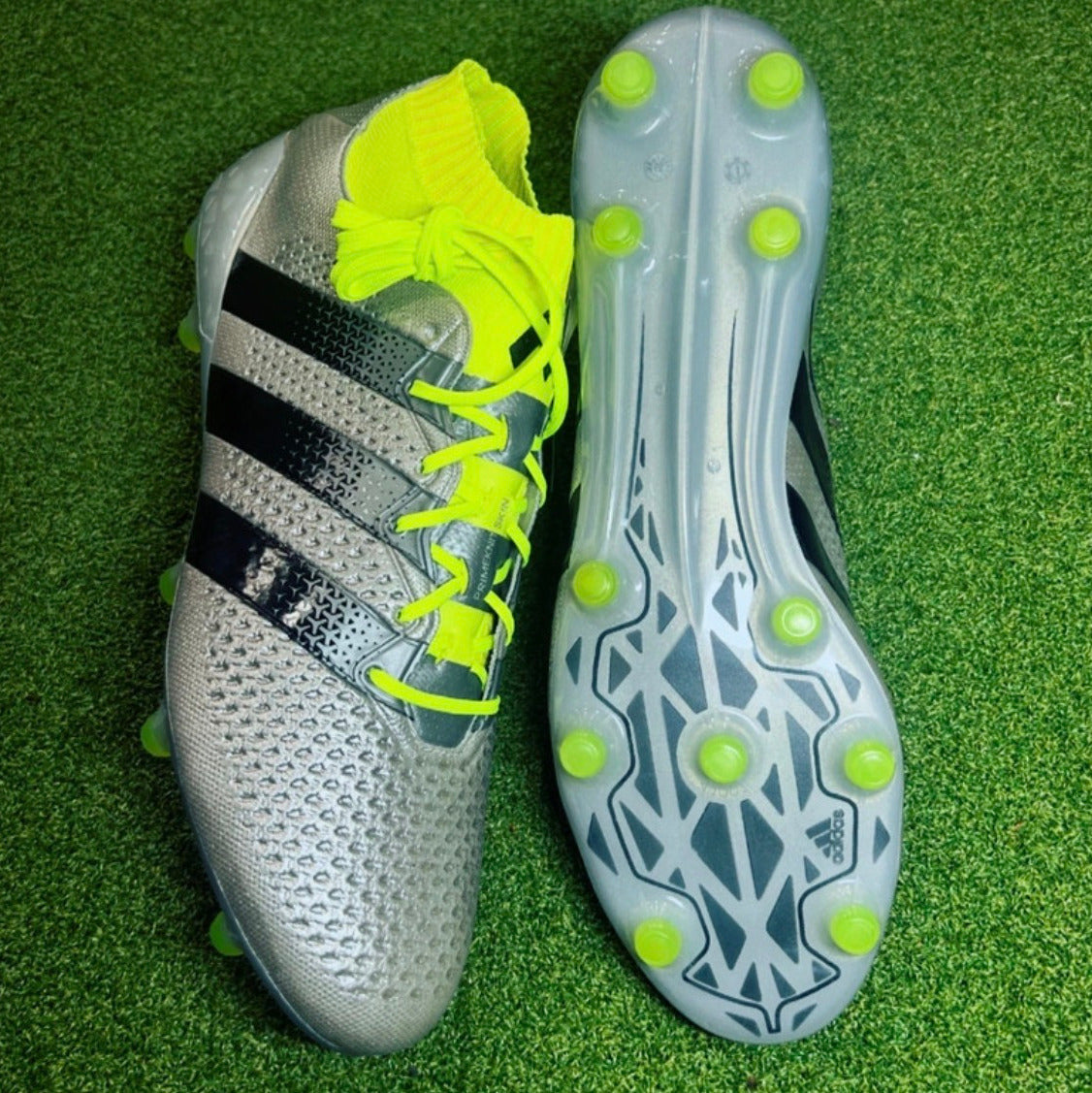 Adidas Men's ACE 16.1 Primeknit FG/AG Silver Metalic/Core Black/Solar Yellow side view