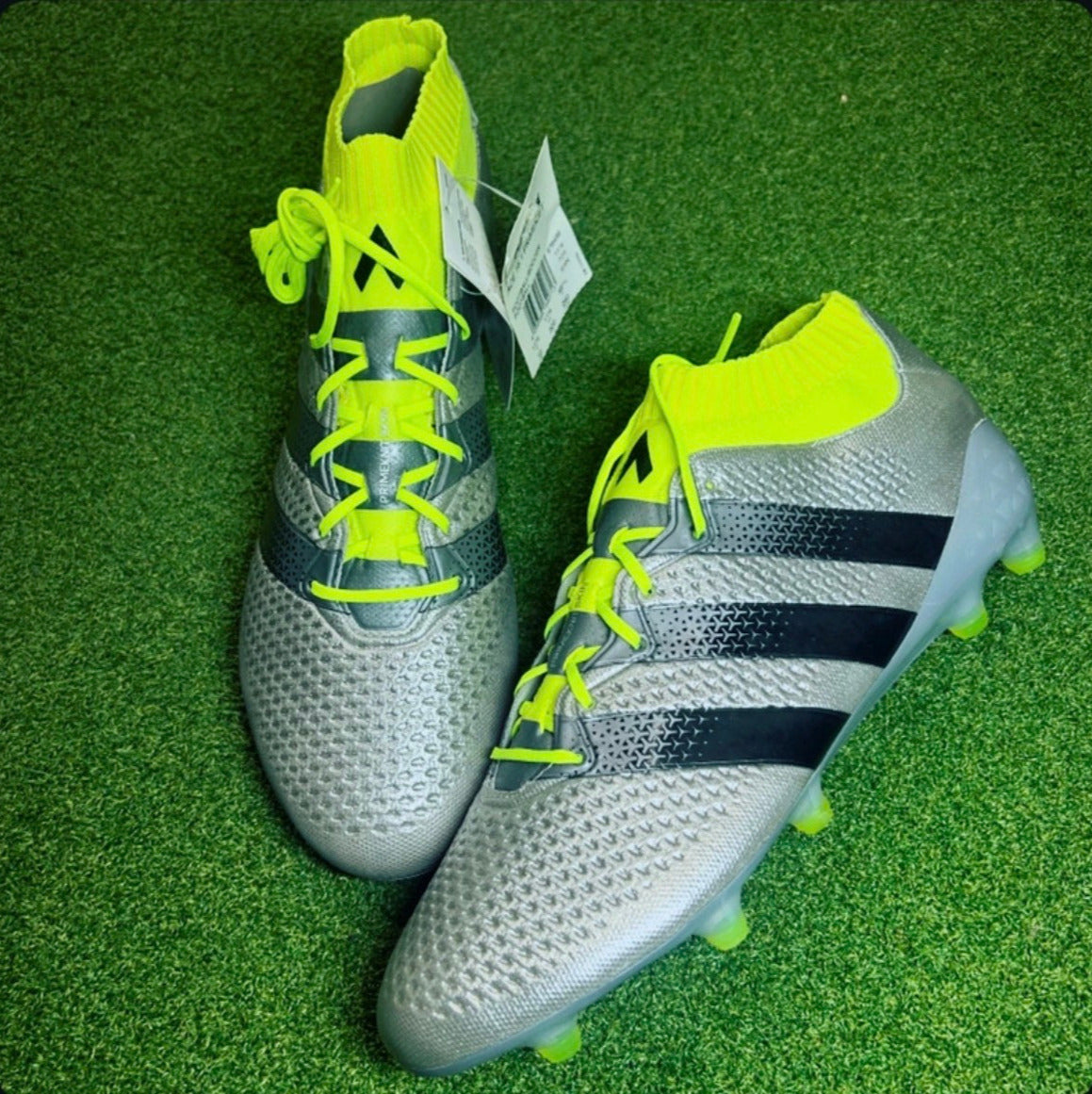 Adidas Men's ACE 16.1 Primeknit FG/AG Silver Metalic/Core Black/Solar Yellow front view