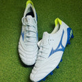 Mizuno Morelia Neo III Made in Japan FG Below Zero White/Ice Melt/Star Sapphire/Neo Lime front view