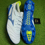 Mizuno Morelia Neo III Made in Japan FG Below Zero White/Ice Melt/Star Sapphire/Neo Lime side view