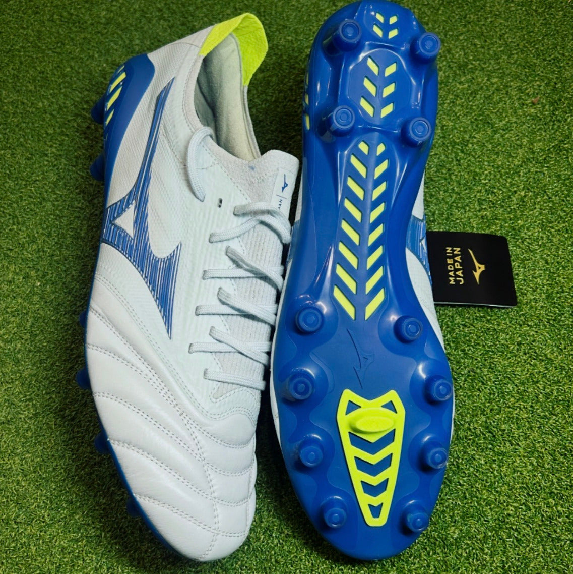 Mizuno Morelia Neo III Made in Japan FG Below Zero White/Ice Melt/Star Sapphire/Neo Lime side view