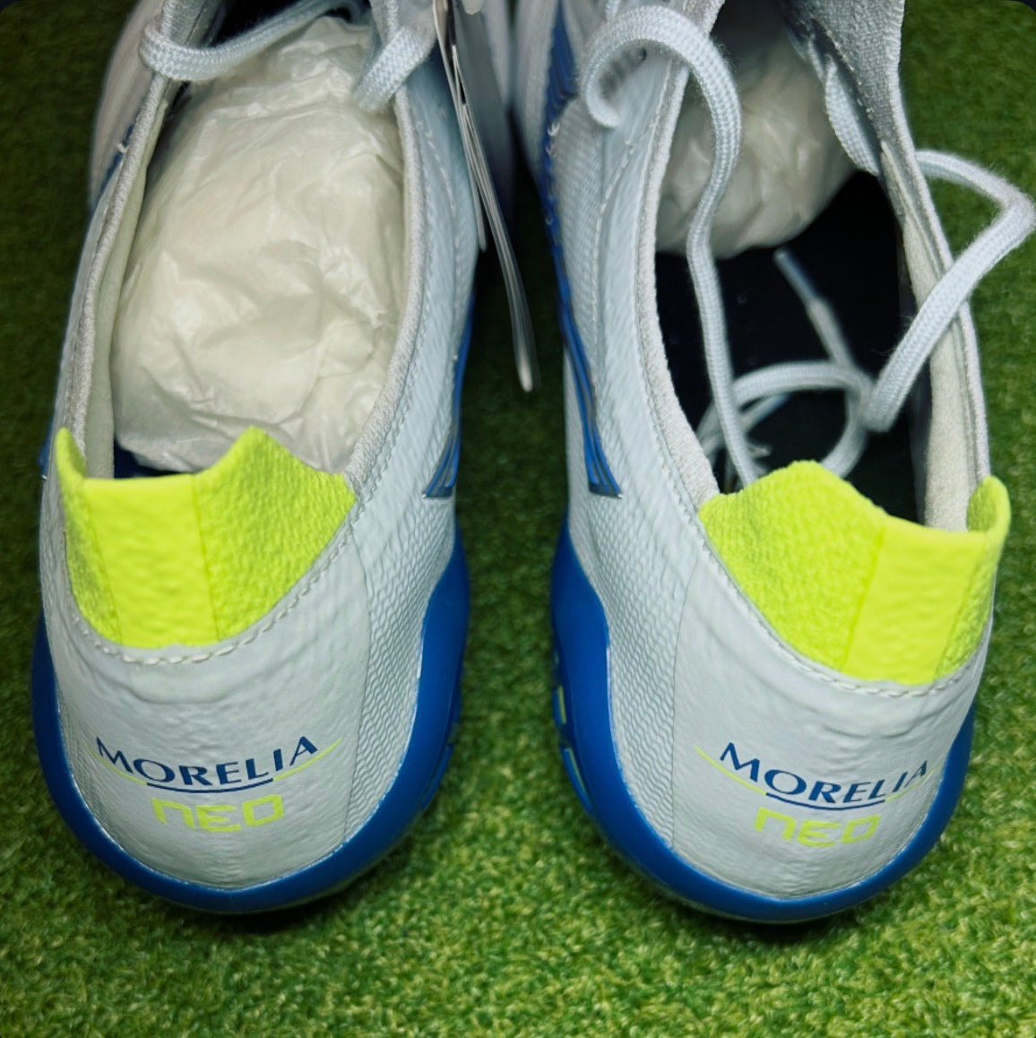Mizuno Morelia Neo III Made in Japan FG Below Zero White/Ice Melt/Star Sapphire/Neo Lime behind view